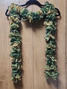 Handmade Ruffle Scarf in Green and Gold About 63in